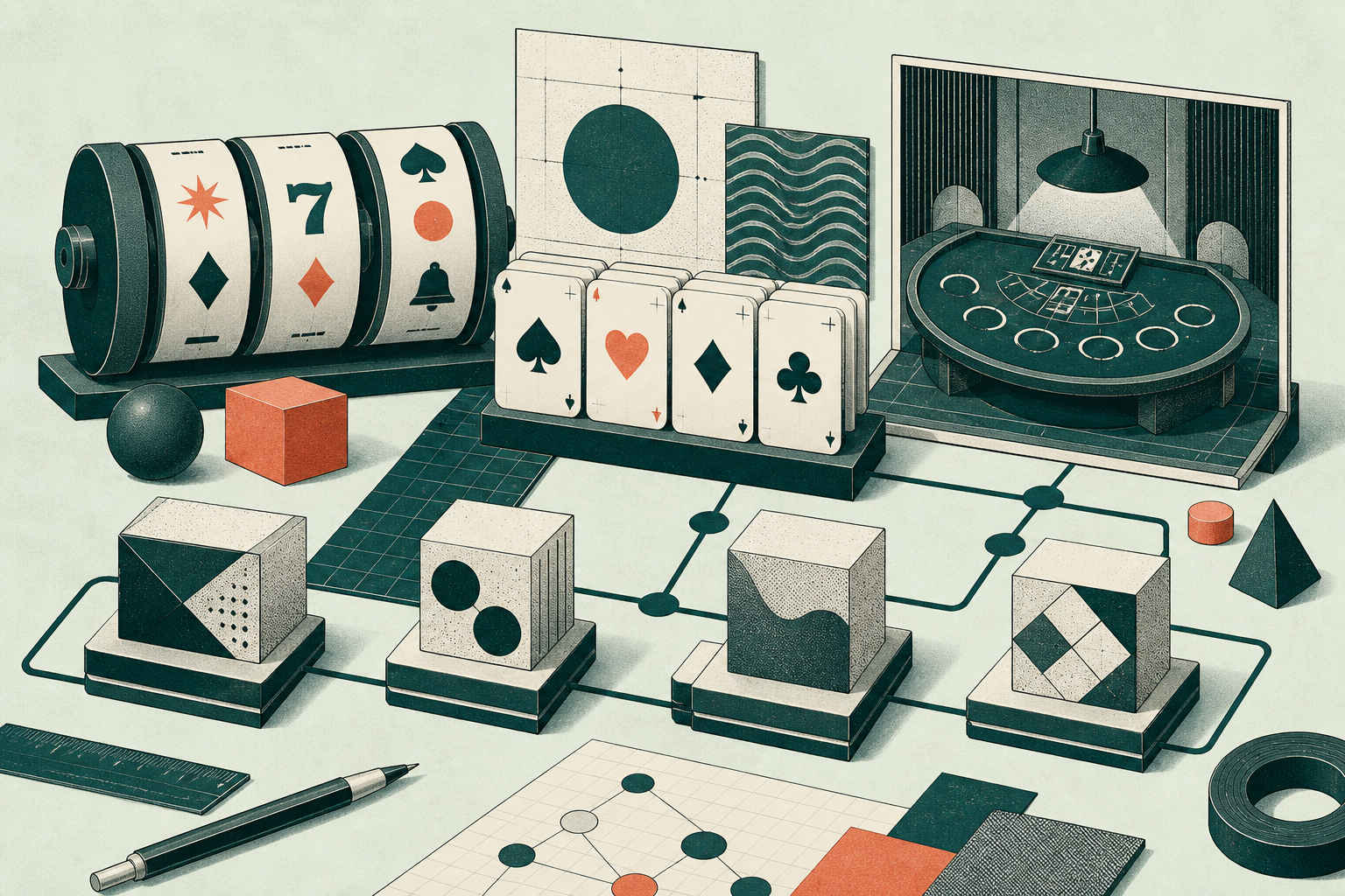 A composed workbench of reels, cards and connected studio blocks